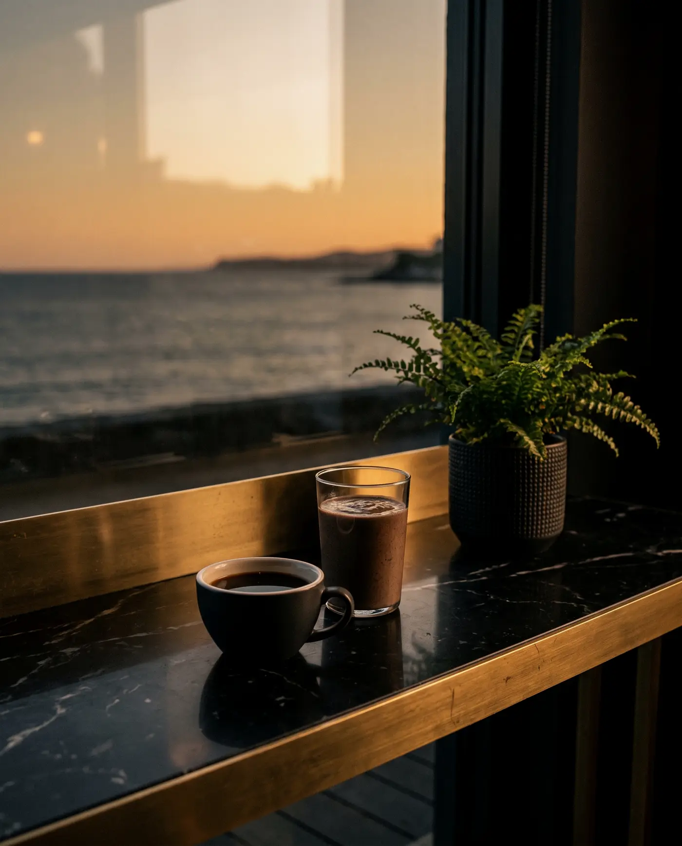 海を眺めるカウンターに置かれたコーヒーとスムージー(イメージ)